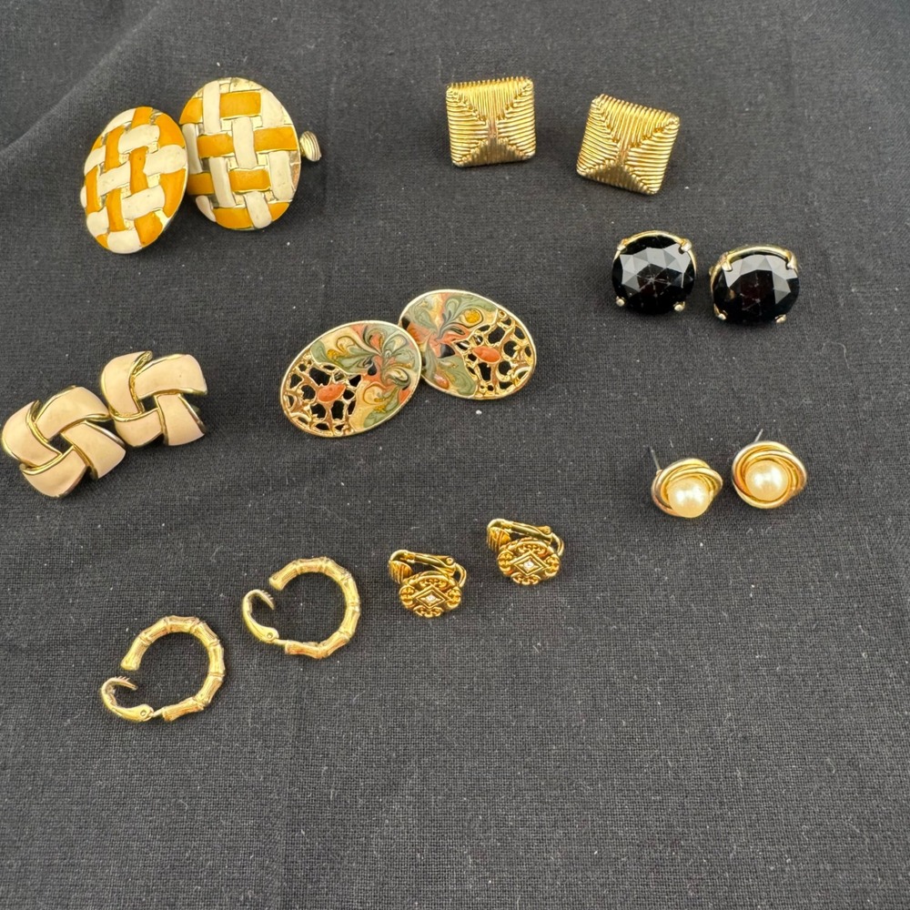 Gold Tone Costume Earring Lot 8 Pairs Castlecliff Enamel Pearl Gold Tone Retro